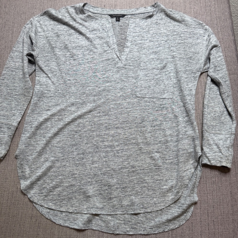 Banana Republic Women Grey 100% Linen V-Neck Long Sleeve Pocket Top Size M